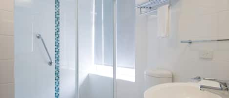 A modern bathroom with a glass shower enclosure, a white sink, and a toilet.