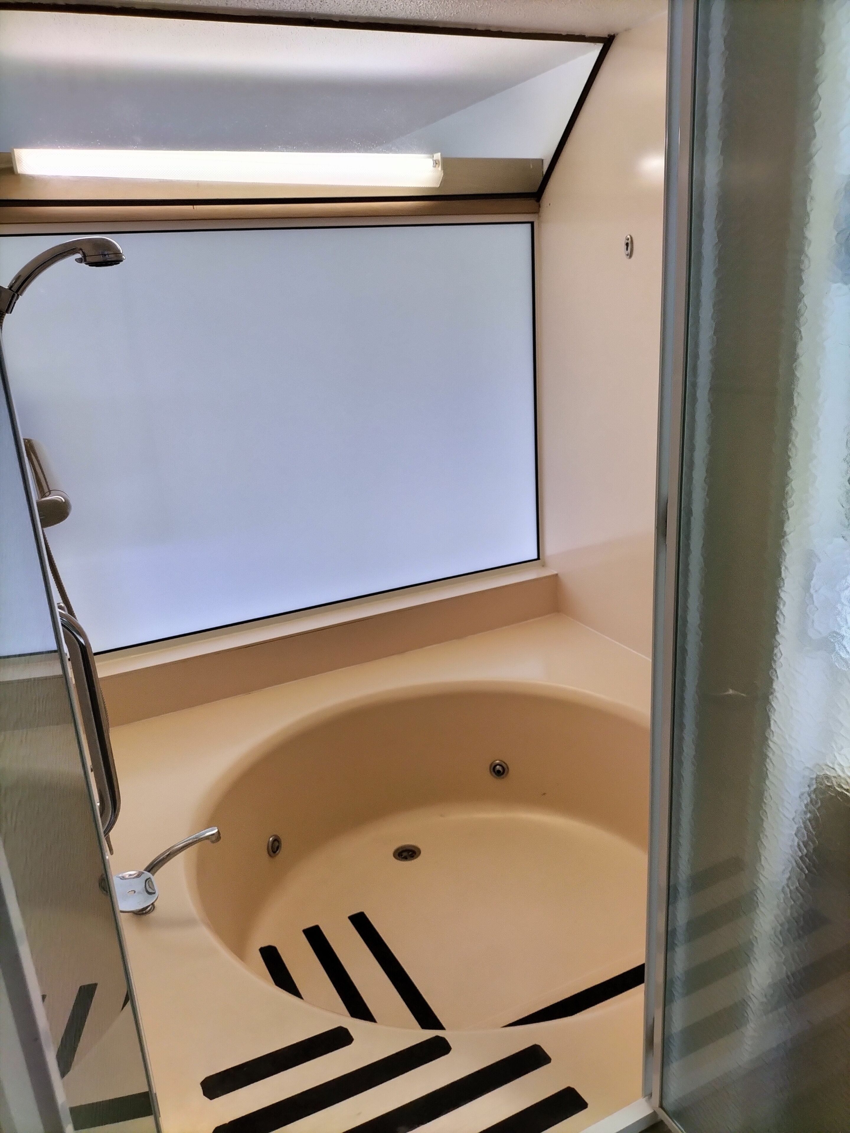 A bathroom with a bathtub, a shower, and a glass door.
