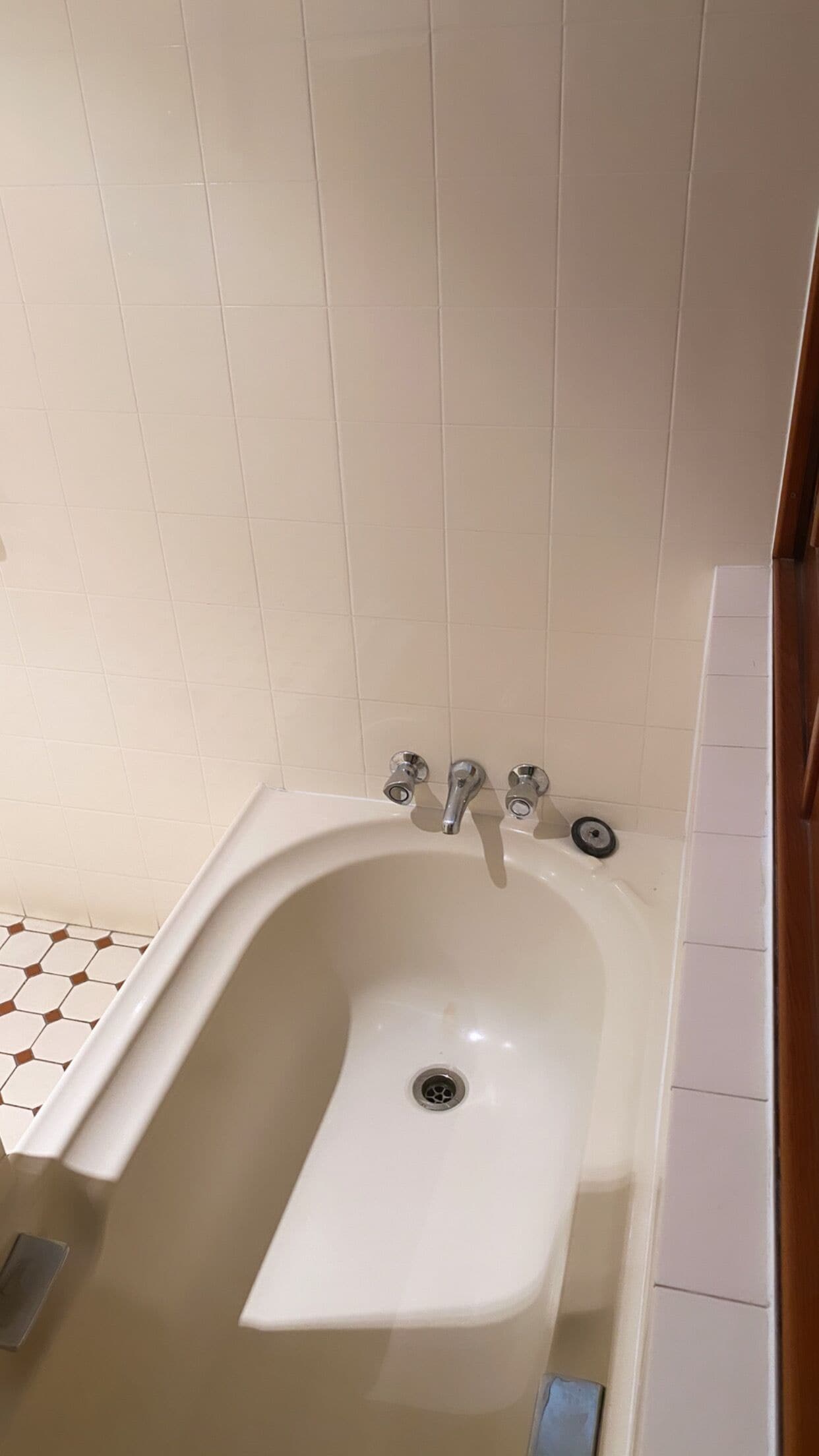 Casa de banho com banheira branca, uma torneira e ralo. O chão tem um padrão de mosaicos hexagonais.
