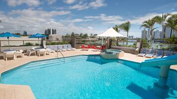 Utomhuspool med öppettider 08.00 till 19.00, och solstolar