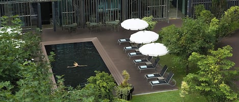 Indoor pool, outdoor pool, sun loungers