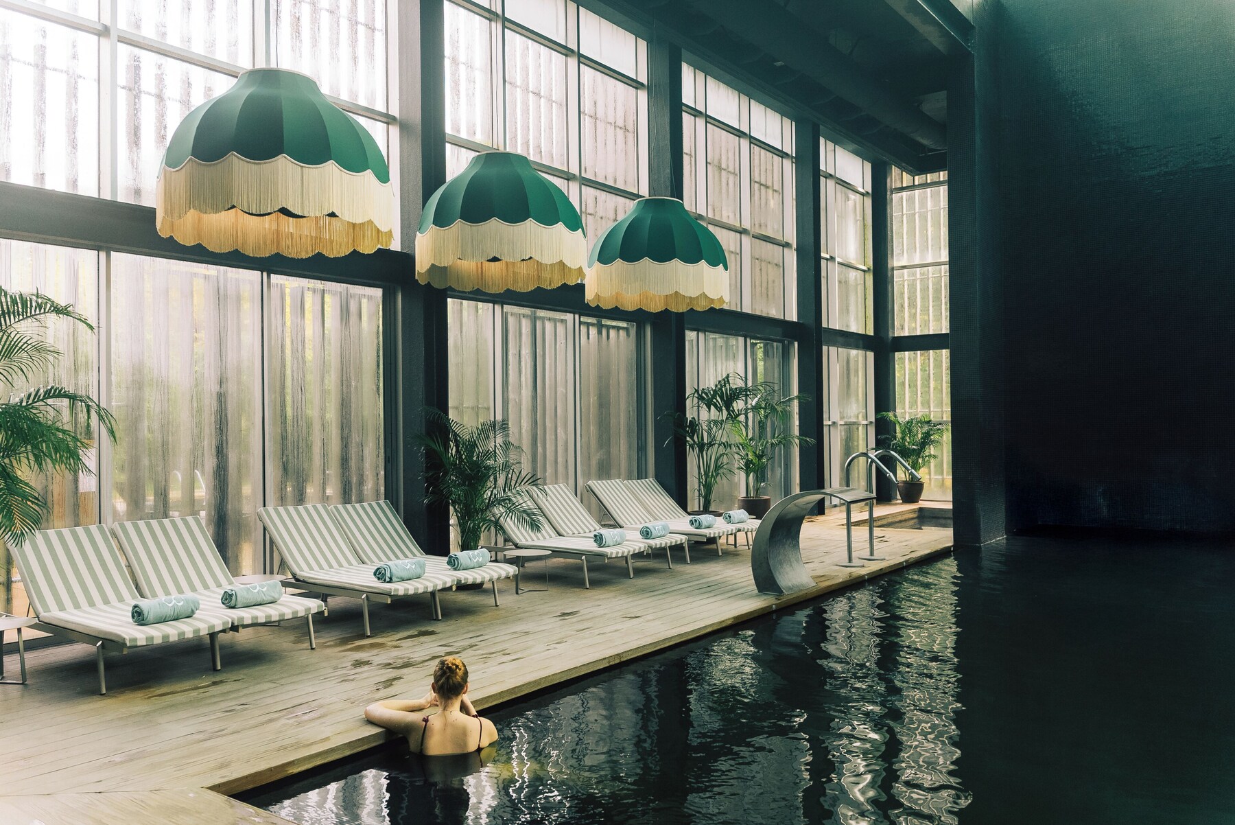 Indoor pool, outdoor pool, pool loungers