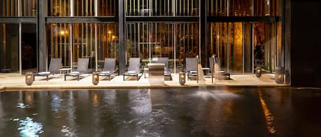 Indoor pool, outdoor pool, pool loungers