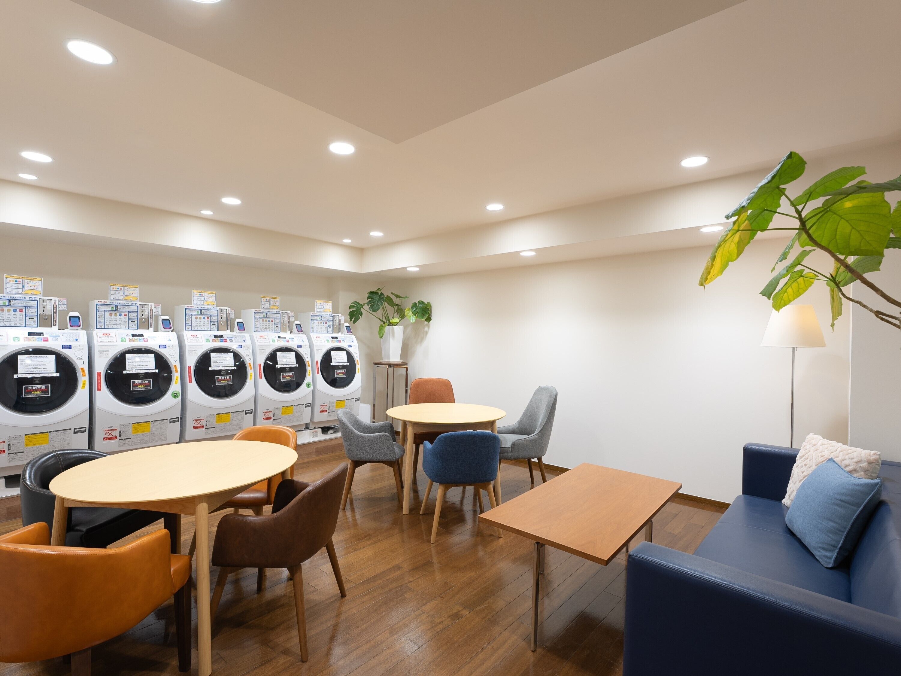 A laundry room with multiple washing machines, a table, chairs, a sofa, and a potted plant.