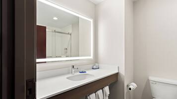 Un baño moderno con un espejo grande, un lavabo y un inodoro.