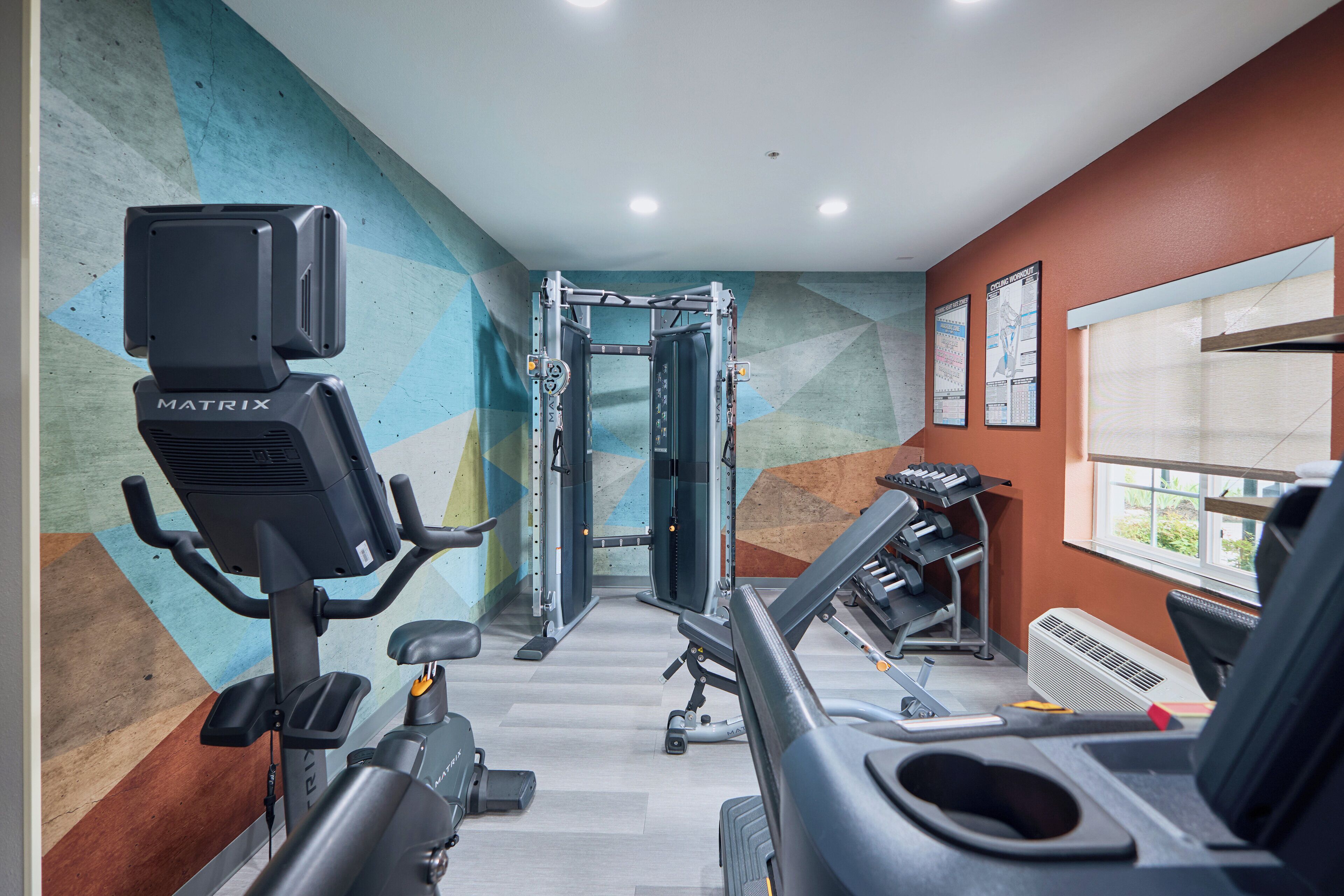 A gym with cardio machines, a weight bench, and a wall with geometric patterns.