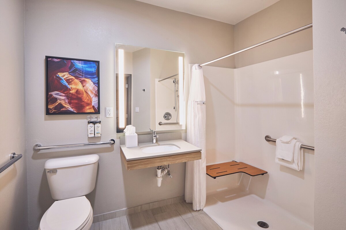 Une salle de bain équipée de toilettes, d’un lavabo, d’une douche et d’un tableau encadré au mur.