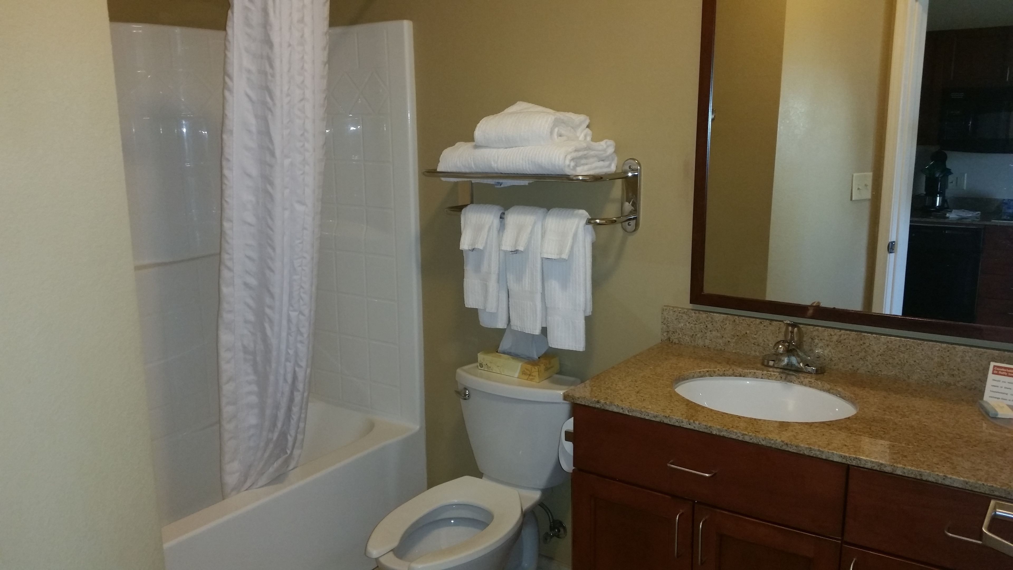 combined shower/bathtub, free toiletries, hair dryer, towels