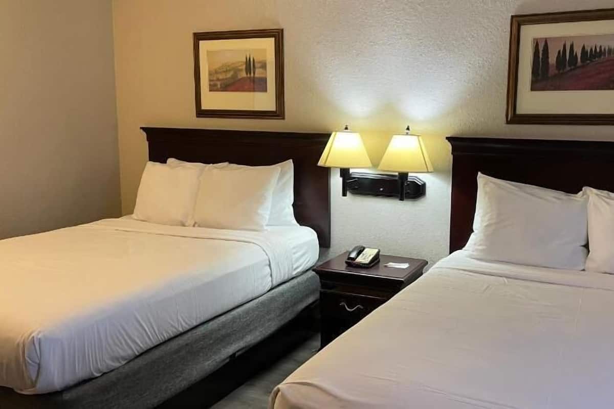 Una habitación de hotel con dos camas, una mesita de noche con lámpara y dos cuadros en la pared.