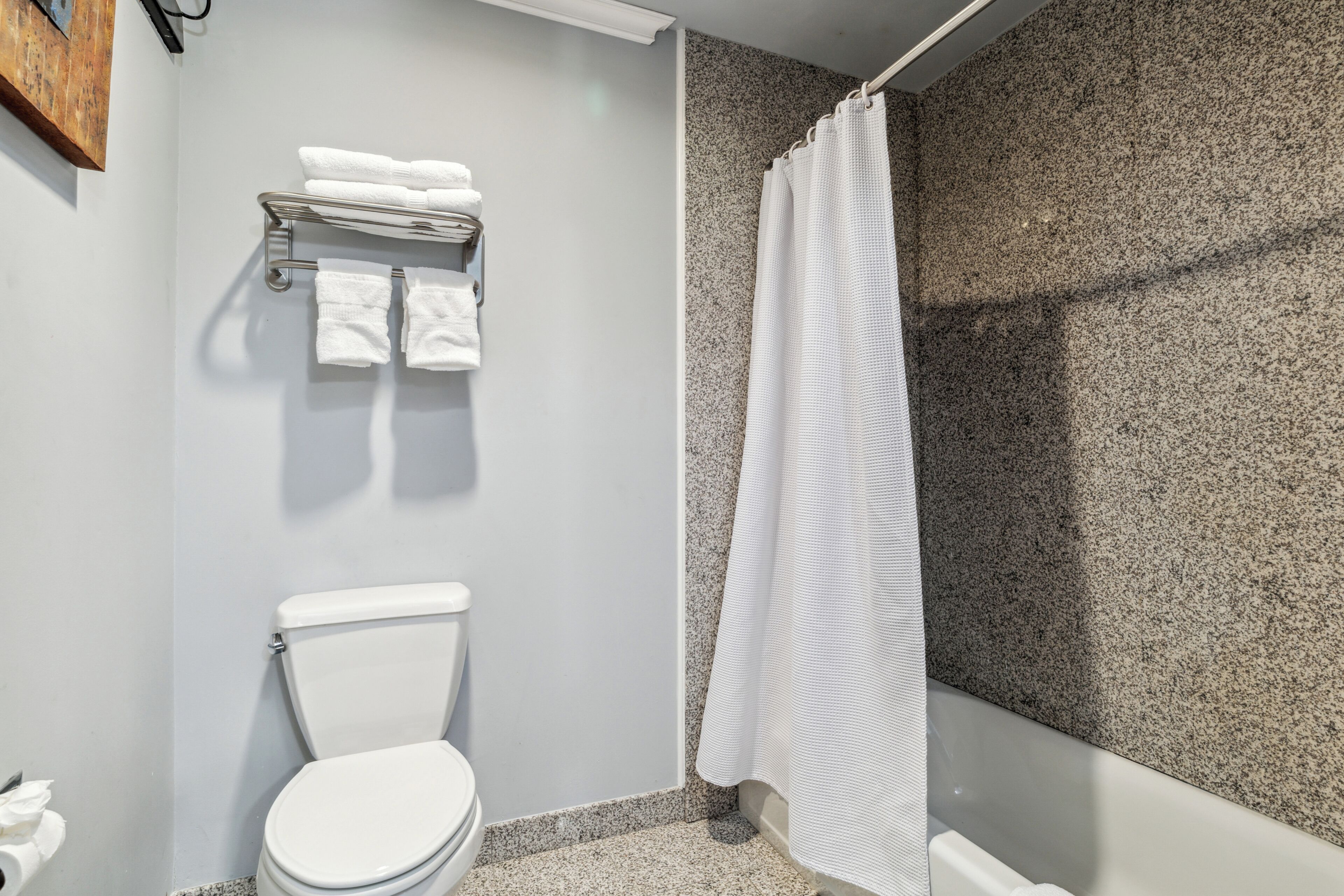 Une salle de bain avec des toilettes, un porte-serviettes avec des serviettes pliées et un rideau de douche.