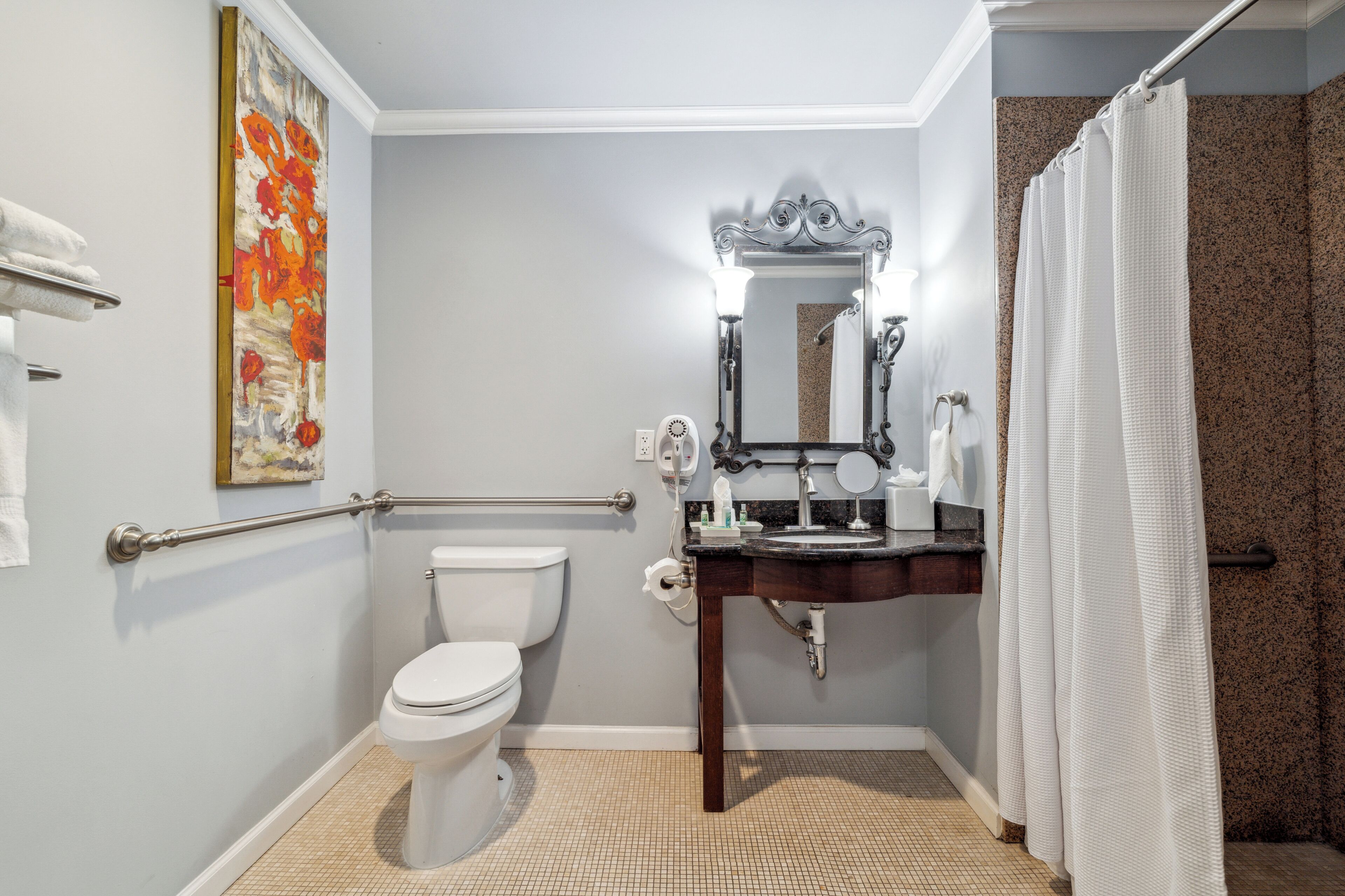 premium room, 1 king bed, mobility accessible (premium king room) | bathroom | combined shower/bathtub, designer toiletries, hair dryer, towels