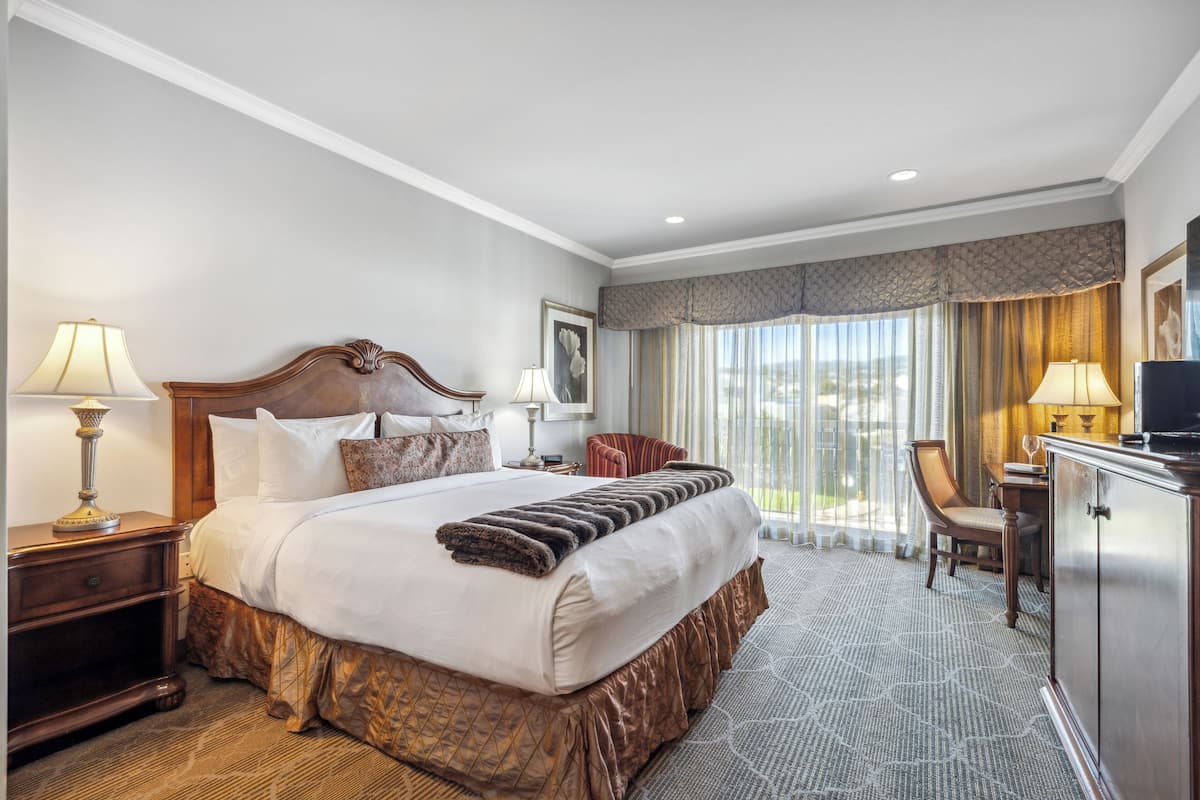 A hotel room with a large bed, a desk, a chair, and a television.
