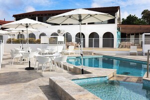 Outdoor pool, open 8:00 AM to 9:00 PM, pool umbrellas, sun loungers