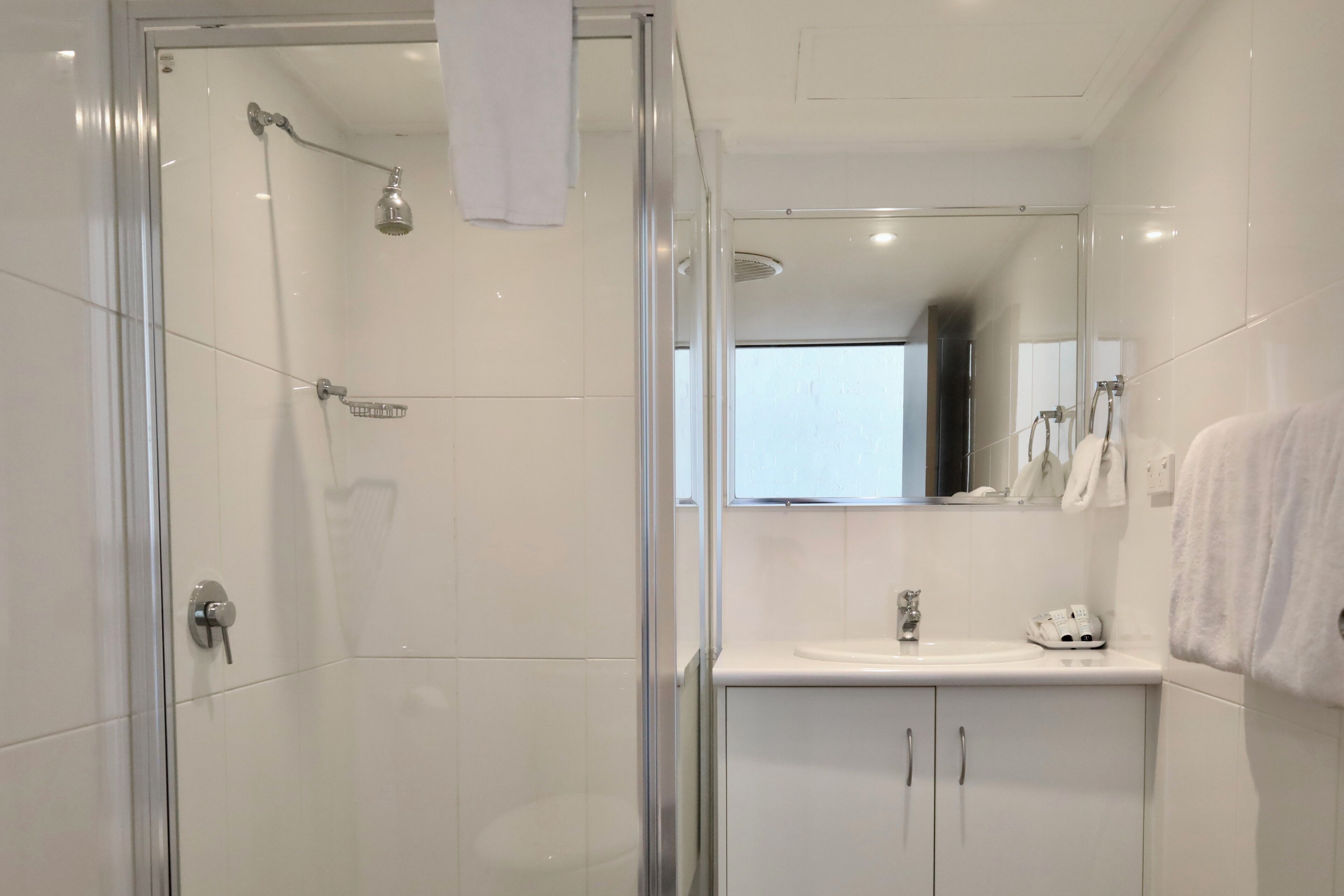 A modern bathroom with a glass shower enclosure, a white sink, and a mirror above the sink.