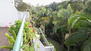 A balcony with a view of a lush garden, including various plants and trees. - Palm Court Noosa (Noosa Heads)