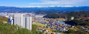 A town with a prominent building in the foreground, surrounded by residential houses and a mountainous backdrop.