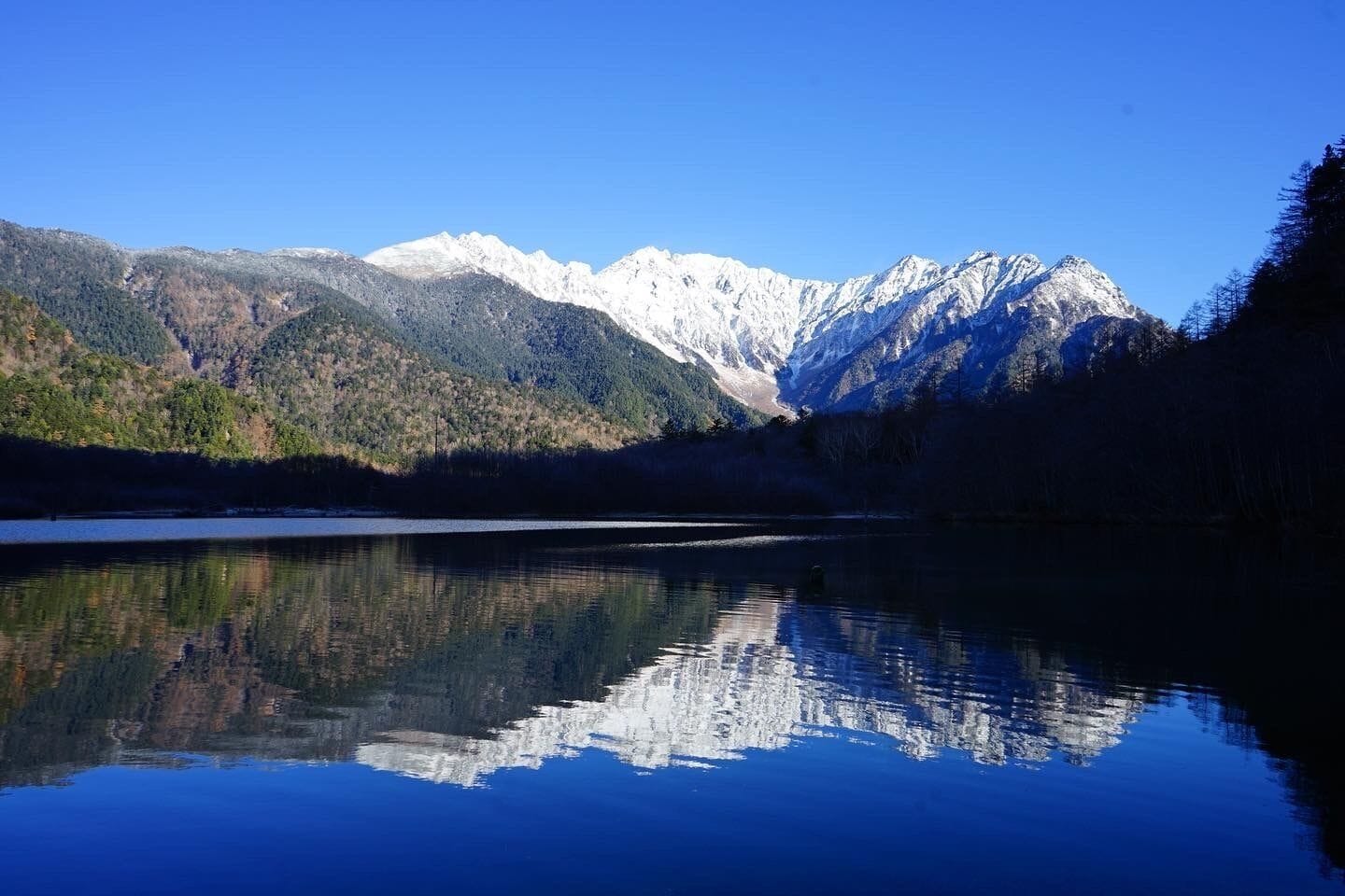 A mountain lake with reflections of the mountains and clear blue sky.