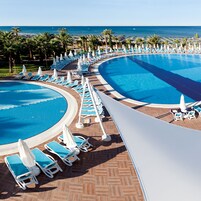 Una amplia piscina curvada con varias zonas de descanso y sombrillas, rodeada de palmeras y vista al océano.