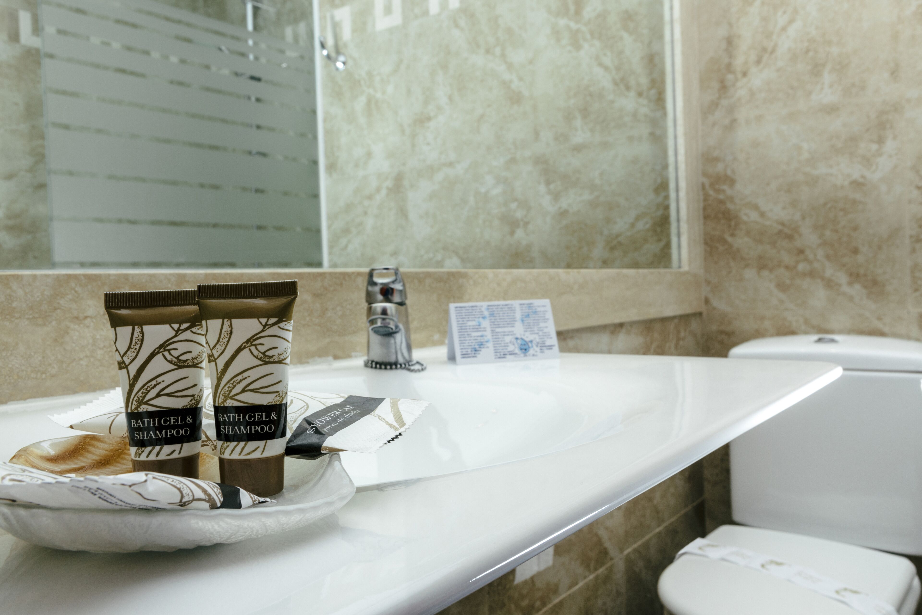 Une salle de bain avec un lavabo blanc, deux flacons de gel douche et de shampoing, un rasoir et une boîte de mouchoirs.