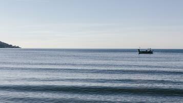 Une mer calme avec un petit bateau à l’horizon.