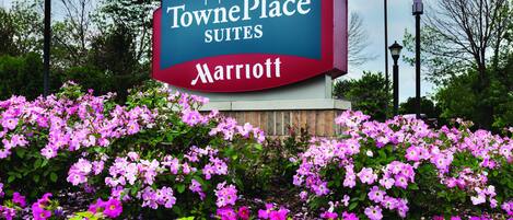 TownePlace Suites Marriott sign with a garden of pink flowers in front.