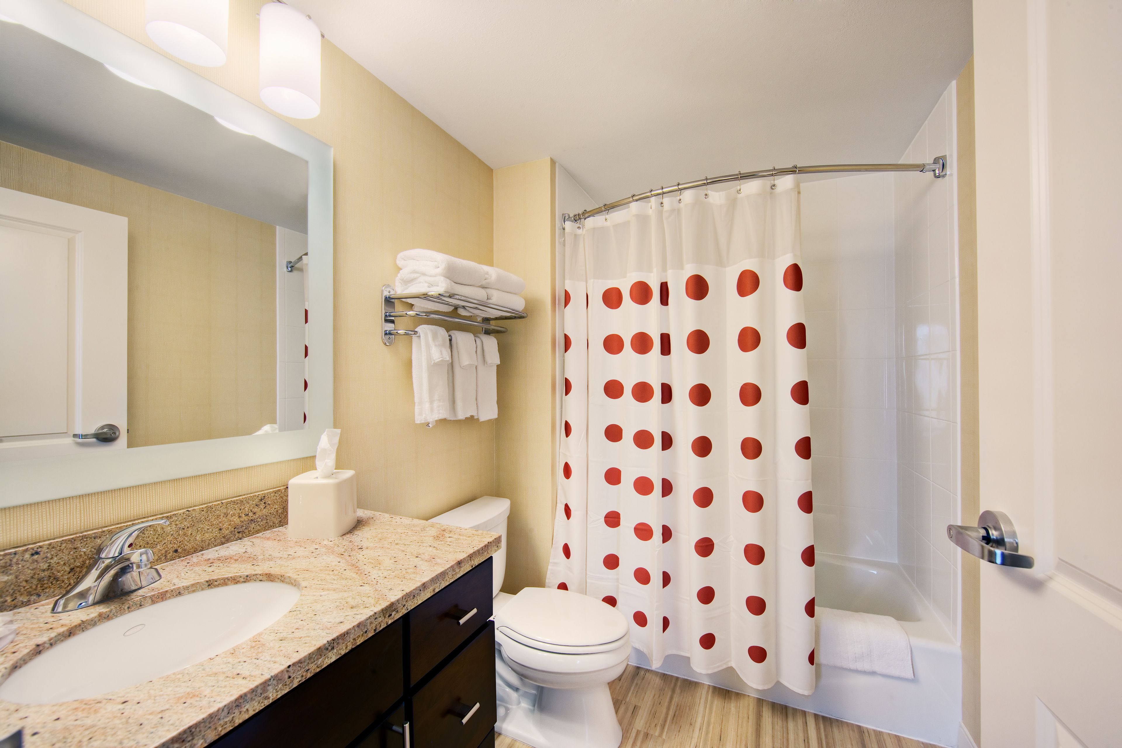 combined shower/bathtub, free toiletries, hair dryer, towels