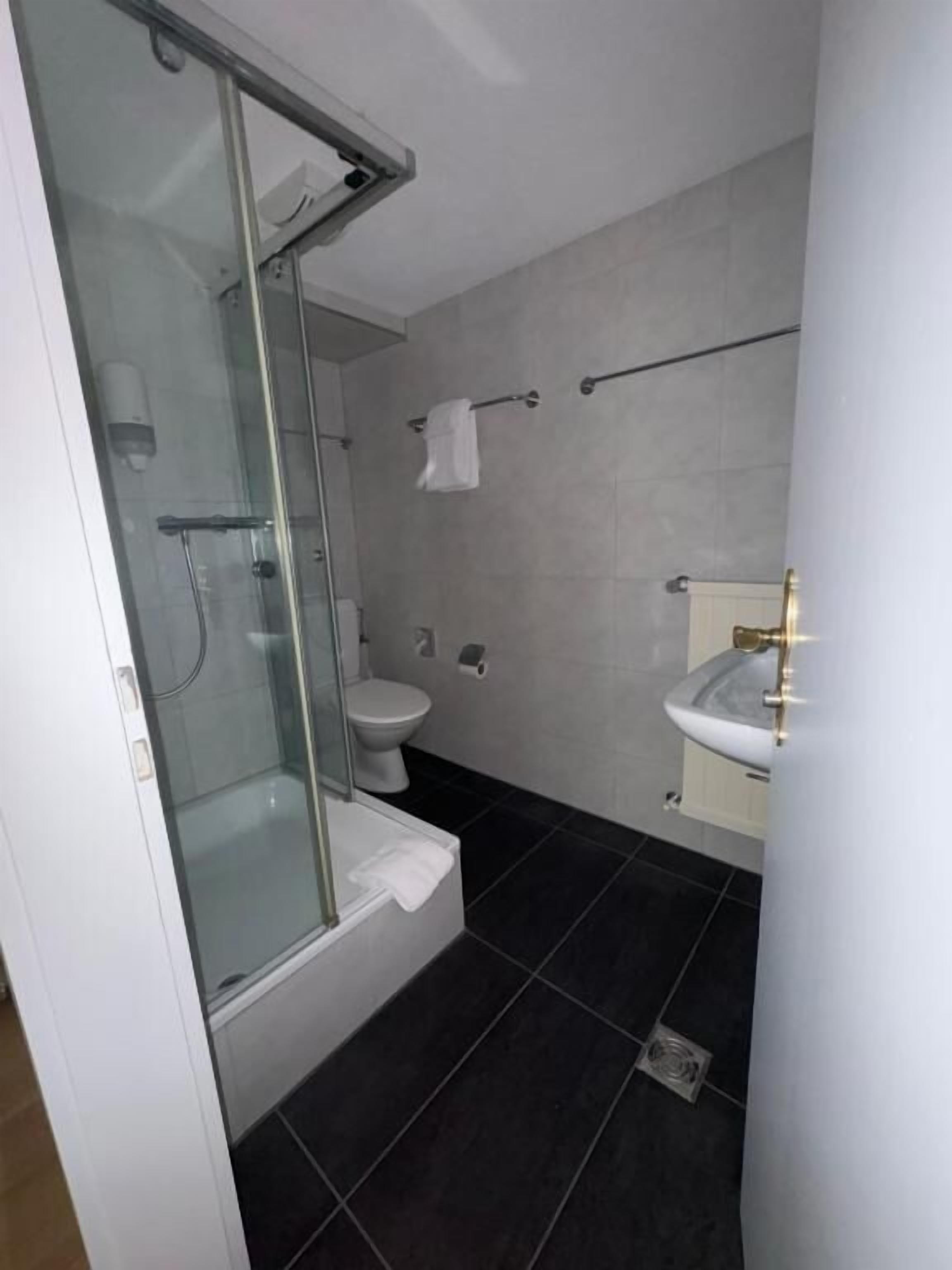 A bathroom with a glass-enclosed shower, a toilet, and a sink.