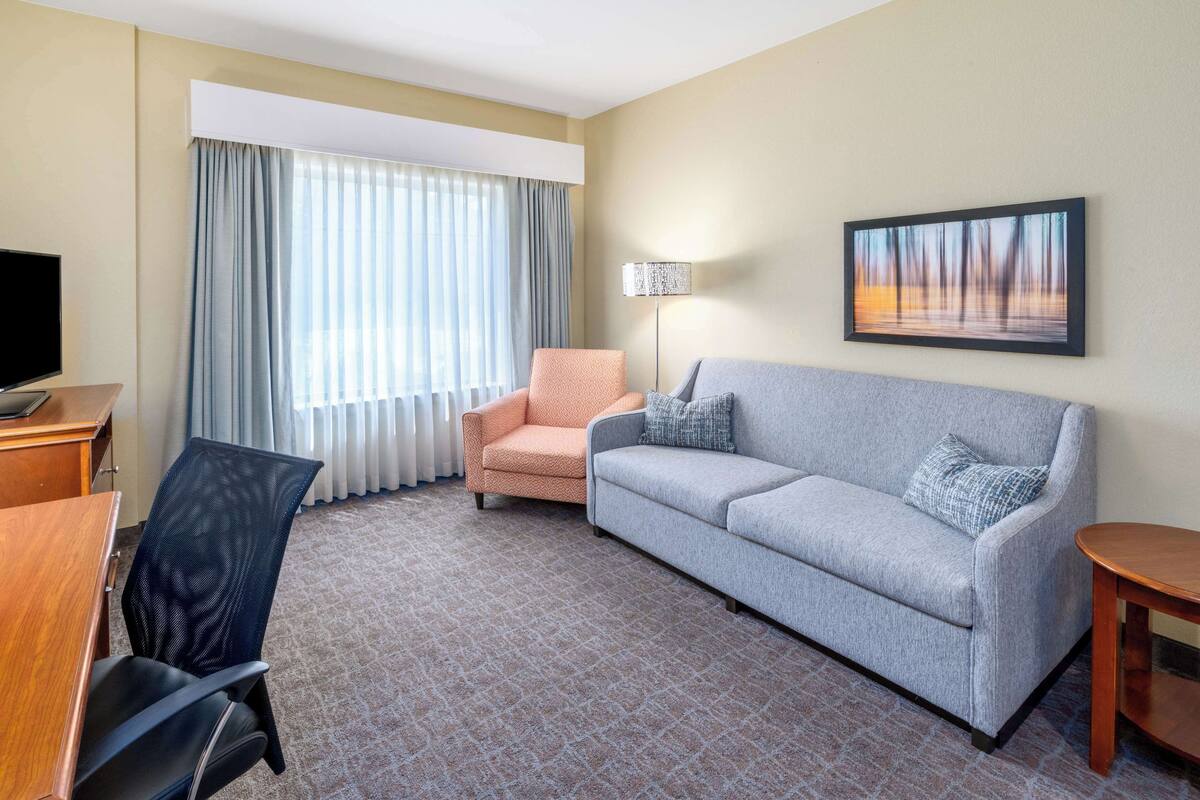 Une chambre d’hôtel avec un canapé gris, un fauteuil couleur pêche, un bureau en bois, une télévision, une lampe et un tableau au mur.