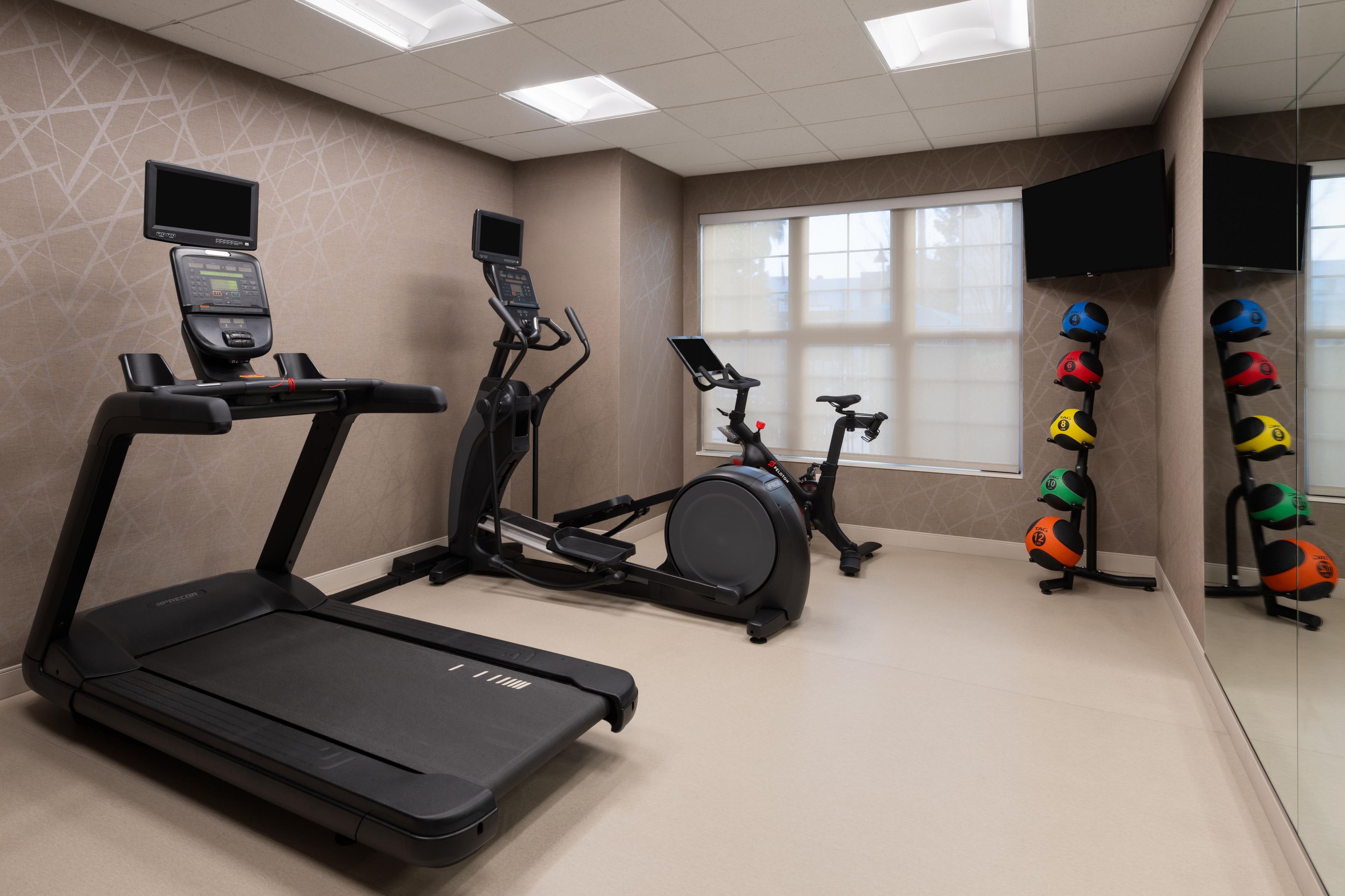 Sala de ginástica com esteira, elíptico, bicicleta ergométrica e um conjunto de bolas de exercício.