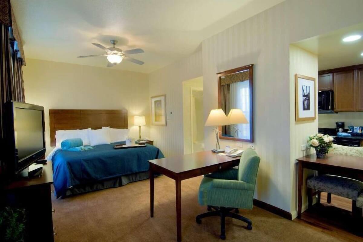 A hotel room with a bed, desk, chair, television, ceiling fan, and a kitchen area.
