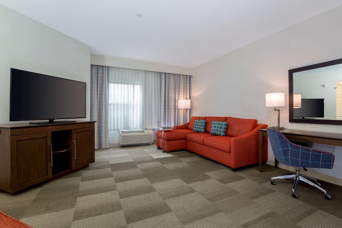A hotel room with a flat-screen TV, a sofa, a desk with a chair, and a large mirror.
