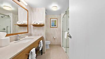 Banheira, secador de cabelo, toalhas de banho