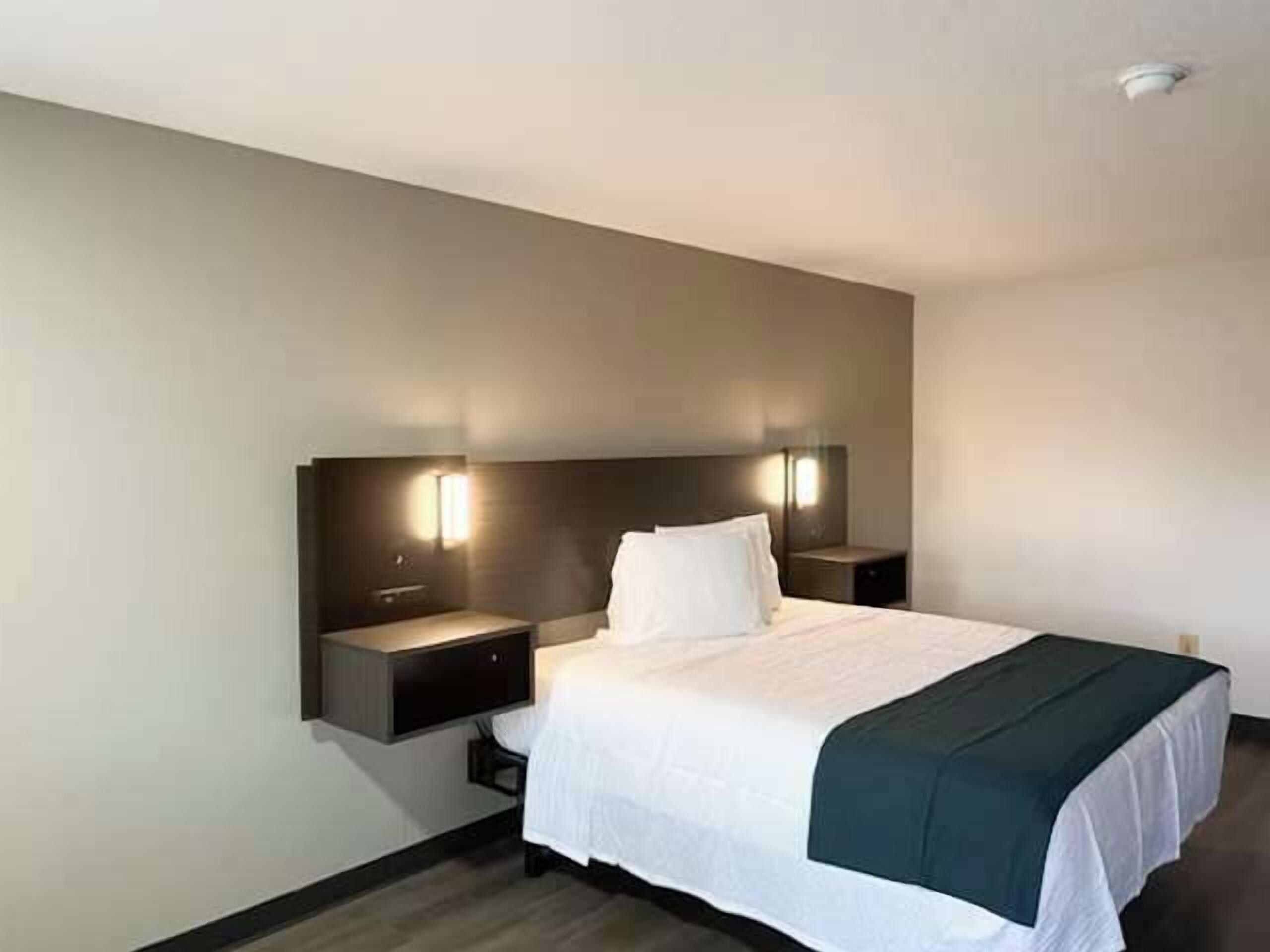 Une chambre d’hôtel avec un grand lit, une table de chevet, une lampe fixée au mur et un luminaire au plafond.