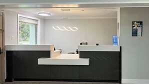 Et receptionsområde i moderne design med receptionistskranke, en hængende lampe og et vindue med naturligt lys.