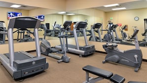 A gym with treadmills, elliptical machines, and a bench.