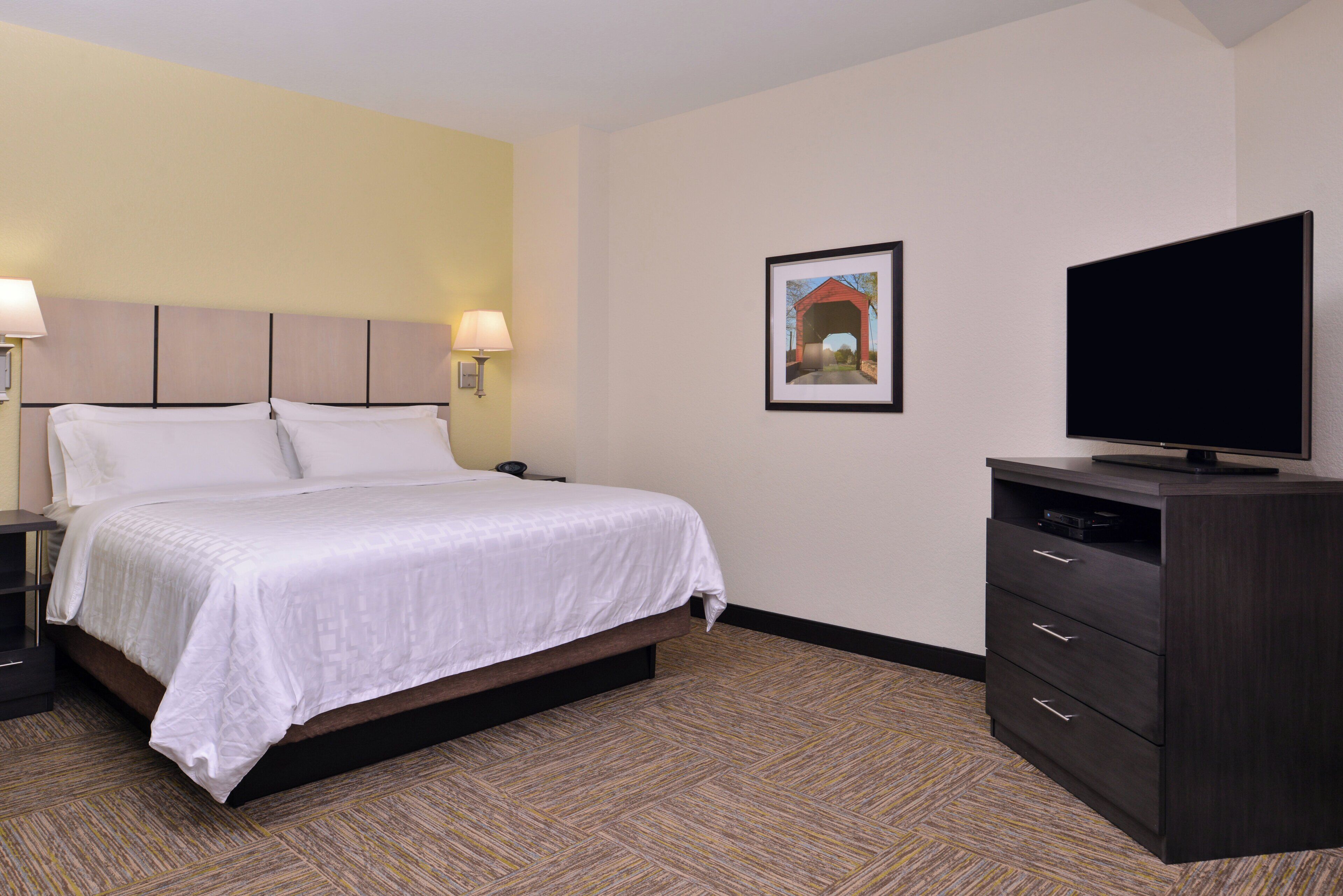 A hotel room with a bed, bedside lamps, a television, and a framed picture on the wall.