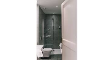A modern bathroom with a glass-enclosed shower, a white toilet, and a sink.