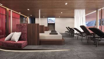Un área de descanso moderna con un espacio de asientos acolchado de color rojo, un mostrador de recepción de madera y una fila de sillones.