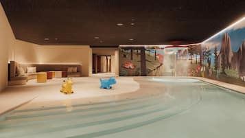 Un área de piscina interior moderna con techo estrellado, un mural de un bosque y una zona de estar con cojines.