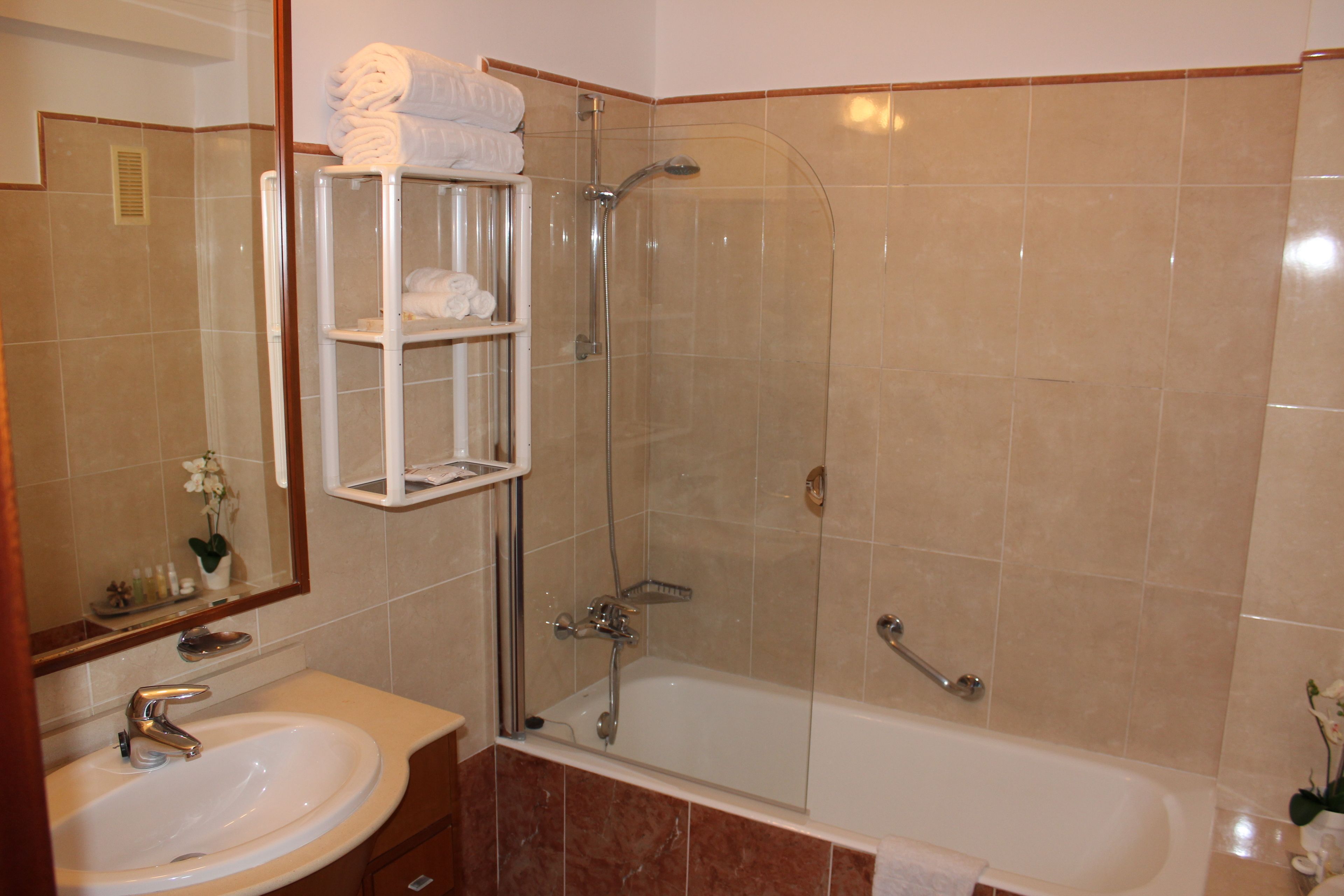 A bathroom with a sink, mirror, shower, and a glass-enclosed shower stall.