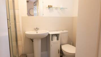 A small bathroom with a glass shower enclosure, a pedestal sink, a toilet, and a shelf with toiletries.