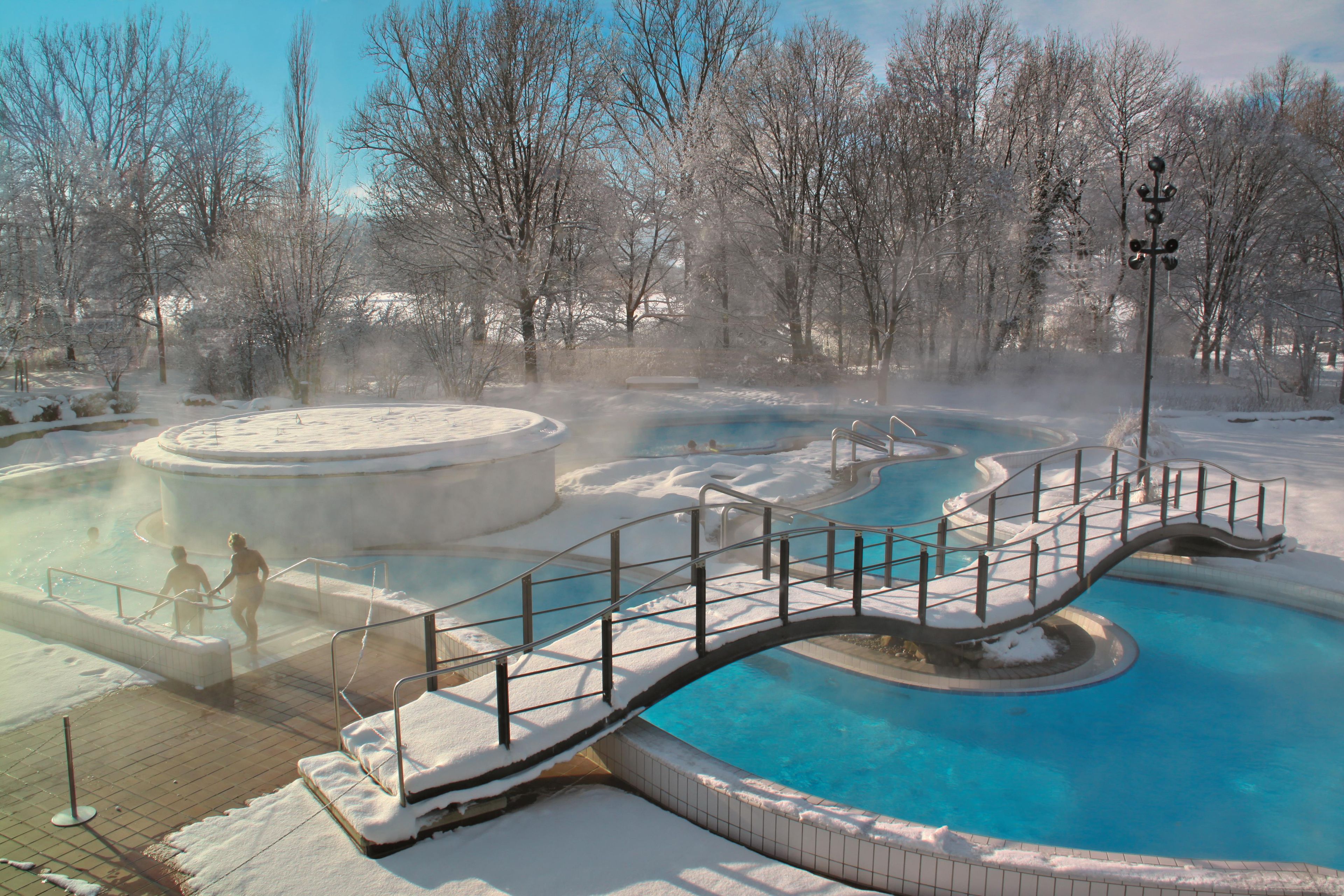 Ein Thermalgebiet mit einem Pool und einer Brücke.