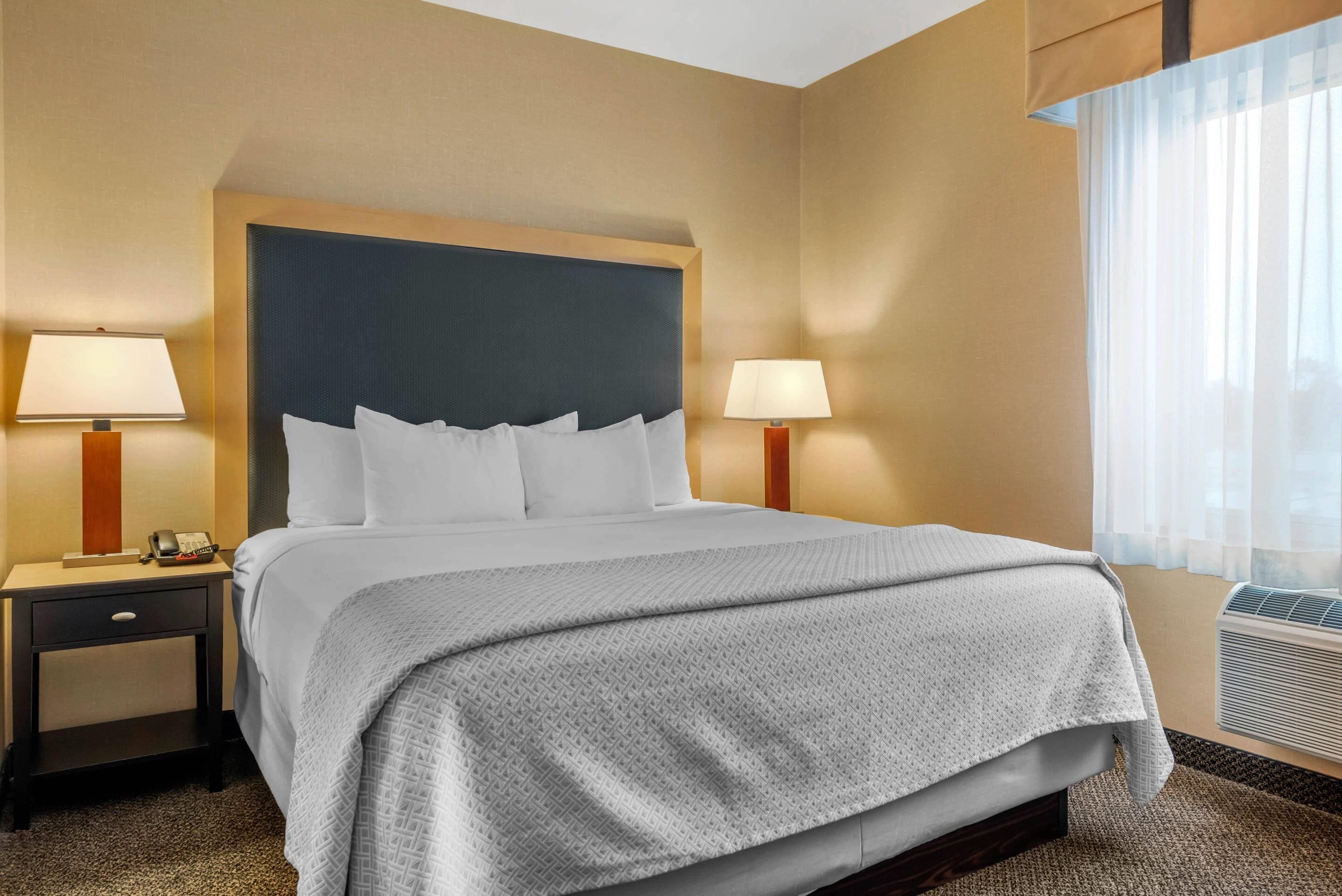 A hotel room with a large bed, two bedside tables with lamps, a telephone, and an air conditioning unit.