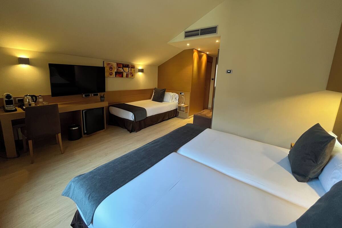 Une chambre d’hôtel équipée d’un lit, d’un bureau, d’une télévision et d’une petite kitchenette.