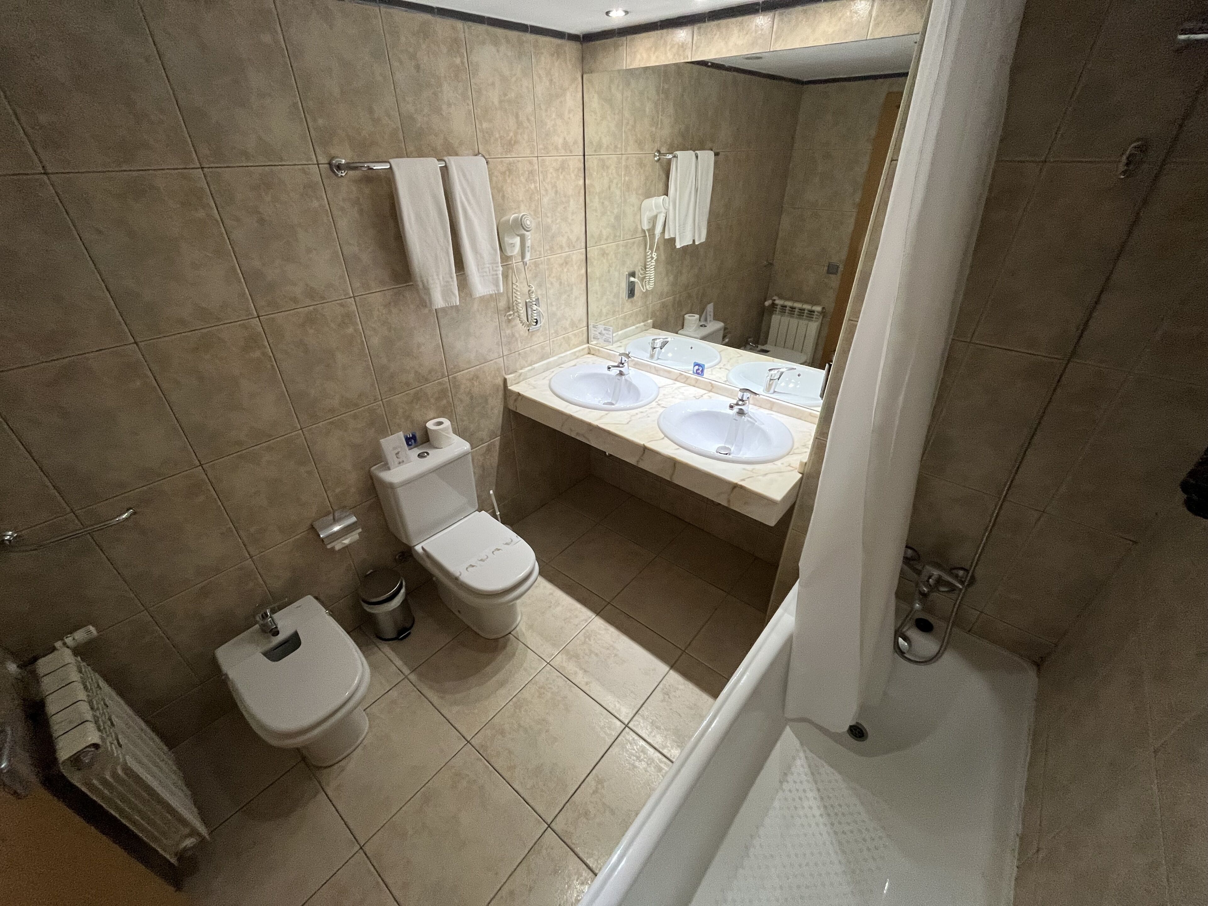 combined shower/bathtub, free toiletries, hair dryer, bidet