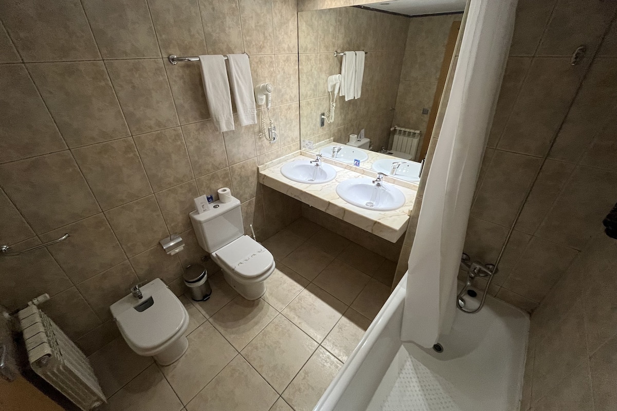 combined shower/bathtub, free toiletries, hair dryer, bidet