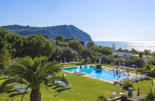 A swimming pool with lounge chairs and umbrellas, surrounded by greenery and a mountain in the background.