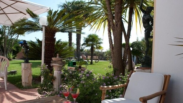 Un patio al aire libre con una mesa preparada para dos personas, rodeado de palmeras y un jardín.