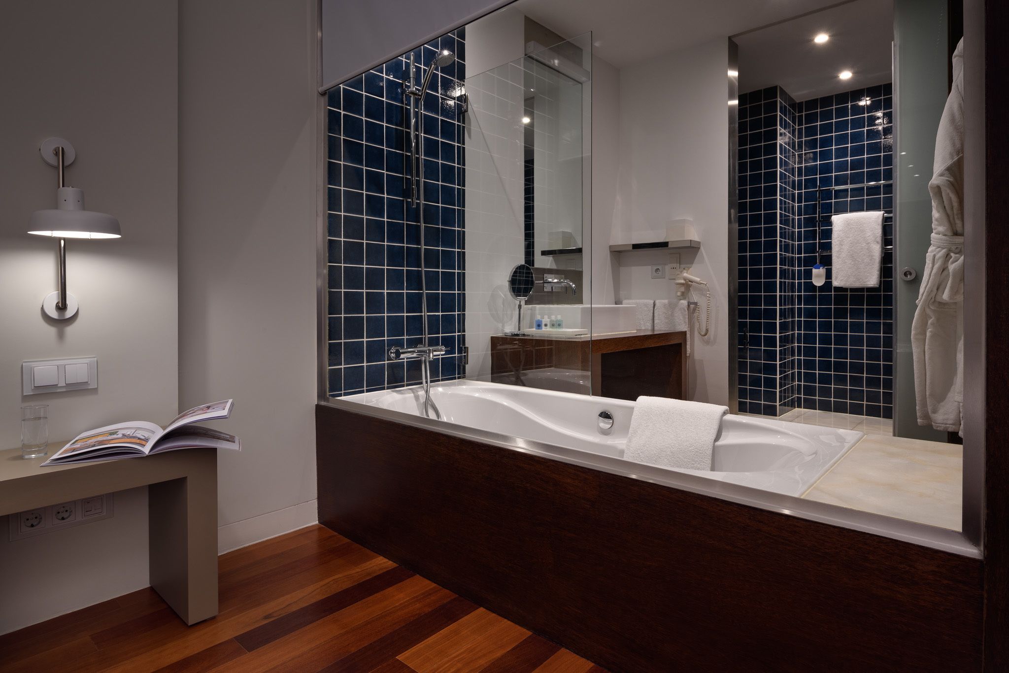 combined shower/bathtub, free toiletries, hair dryer, bathrobes