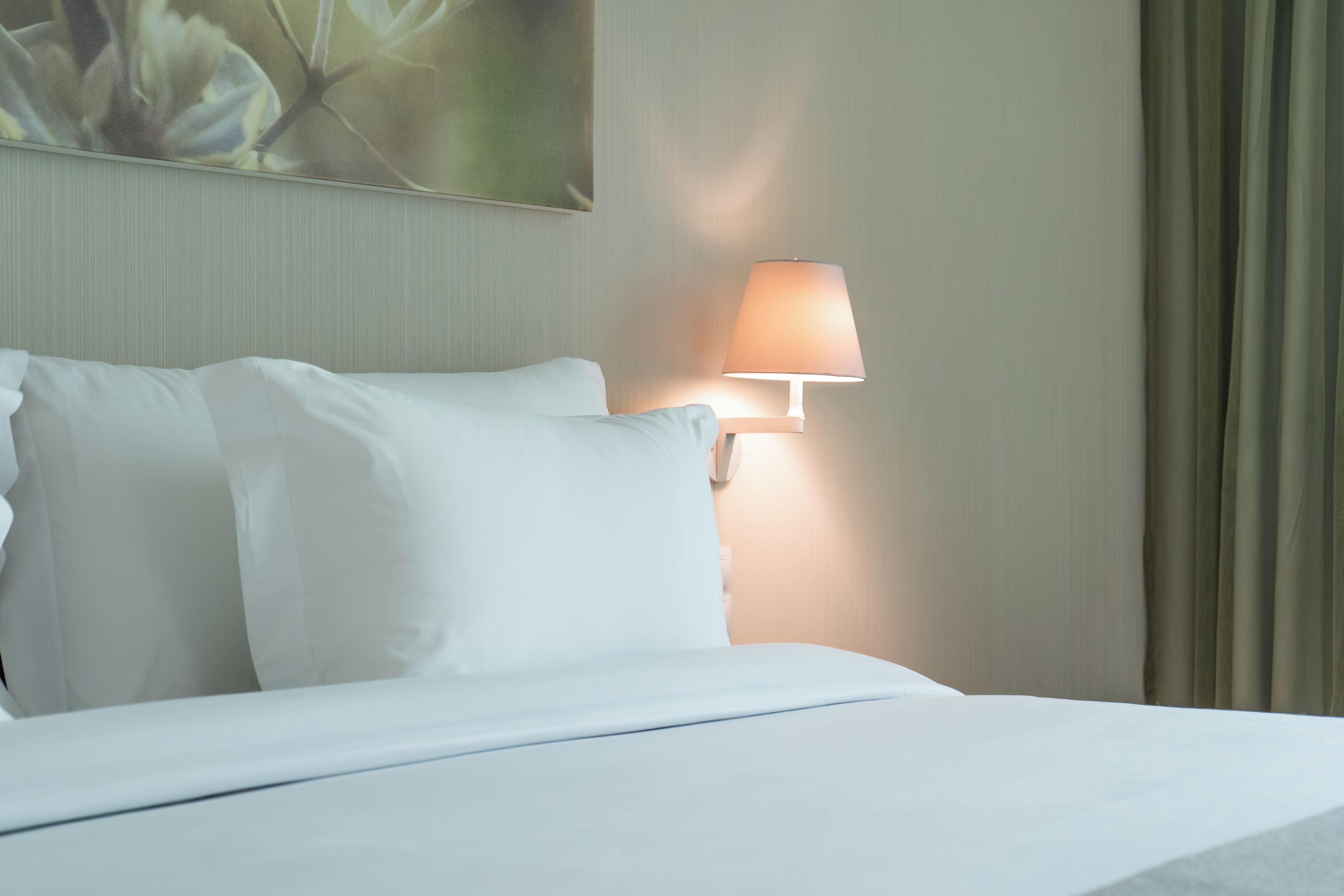 A hotel room with a bed, a wall-mounted lamp, and a painting.